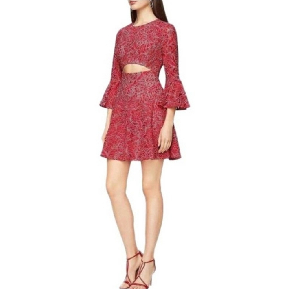 BCBG MAXAZRIA Red Lace Marybeth Cutout Mini Dress Size 12 ruffle 3/4 sleeve